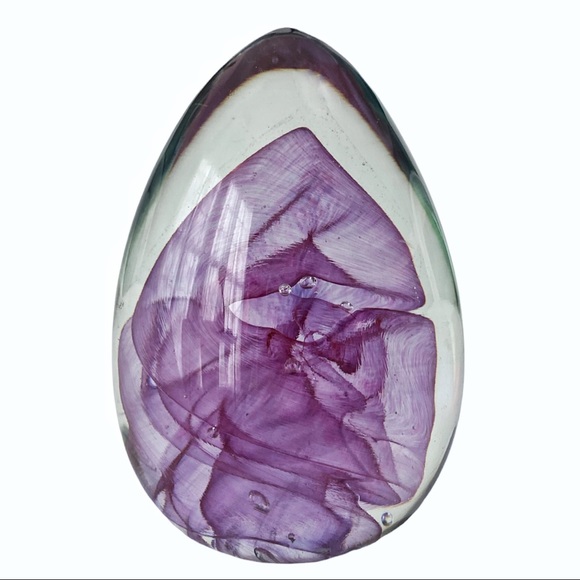 Large Heavy Blown Glass Egg Paperweight Home Decor 6 Inch Purple Swirled Vintage - Picture 5 of 7